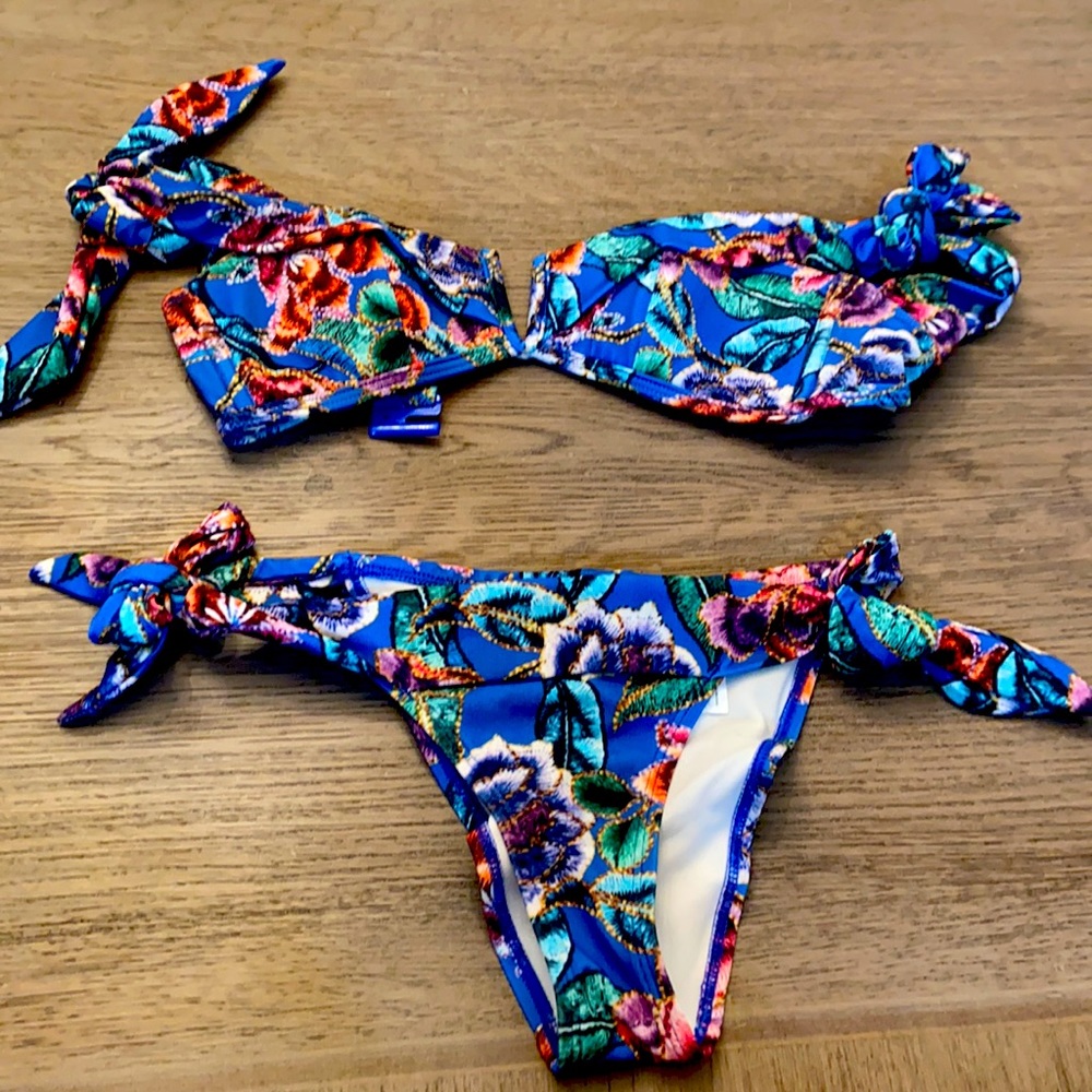 Off shoulder two piece floral bikini with ties on the shoulder